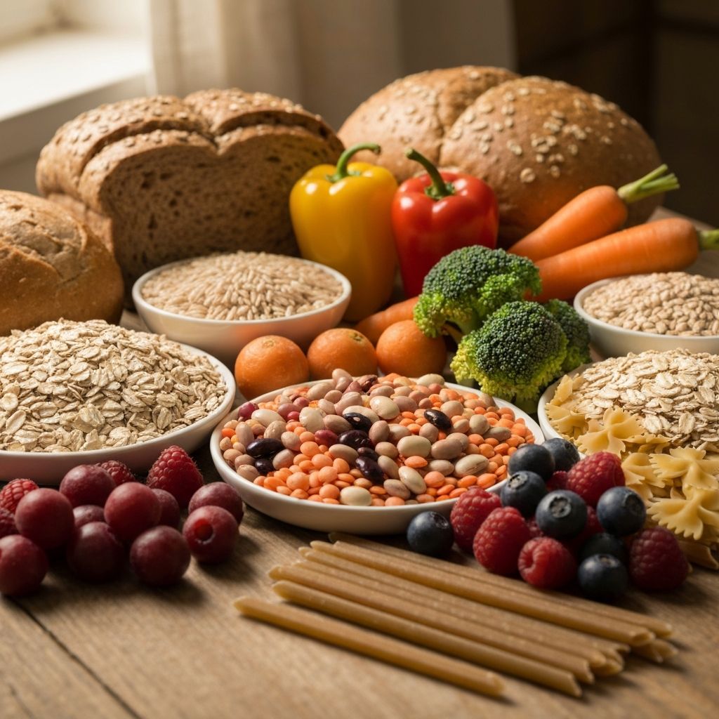 High-fiber foods including whole grains and vegetables